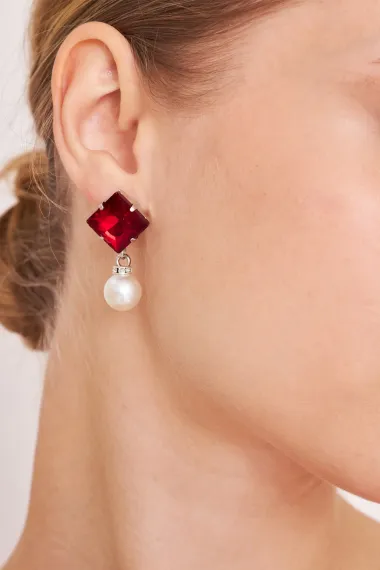 Women's Bosco Claret Red Square Pearl Zircon Stone Hanging Model Silver Plated Dress Combination Daily Earrings - photo 3