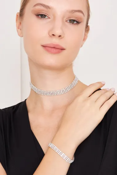 Women's Blancos Model Pearl and Zircon Stone Silver Waterway Necklace Necklace Bracelet Combination Jewelry Set - photo 3