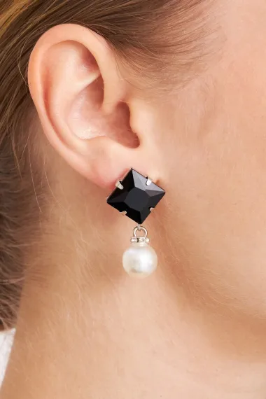 Women's Bosco Black Square Pearl Zircon Stone Hanging Model Silver Plated Dress Combination Daily Earrings - photo 1