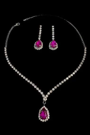 Women's Fuchsia Crystal Zircon Stone Necklace + Earrings Choker Waterway Silver Plated Jewelry Set - photo 2