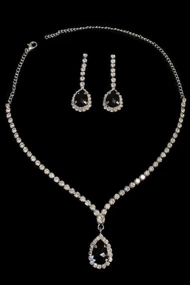 Women's Ardente Black Crystal Zircon Stone Necklace + Earrings Choker Waterway Silver Plated Jewelry Set - photo 2