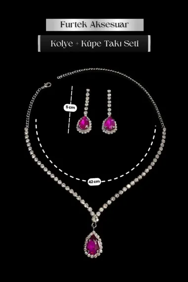 Women's Fuchsia Crystal Zircon Stone Necklace + Earrings Choker Waterway Silver Plated Jewelry Set - photo 1