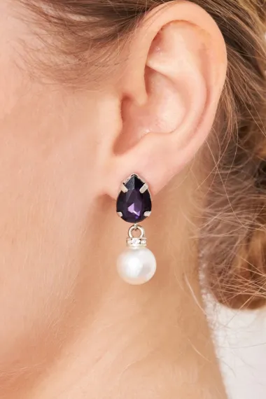 Women's Reloj Model Purple Crystal Zircon Stone Shiny Pearl Silver Plated Dangle Combination Earrings - photo 1