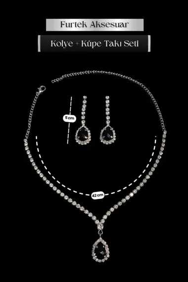 Women's Ardente Black Crystal Zircon Stone Necklace + Earrings Choker Waterway Silver Plated Jewelry Set - photo 1