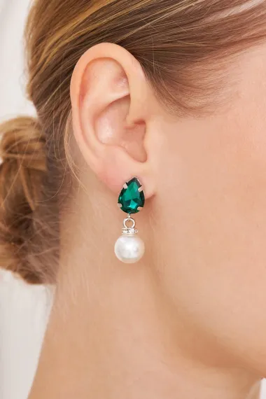 Women's Reloj Model Green Crystal Zircon Stone Shiny Pearl Silver Plated Dangle Combination Earrings - photo 1