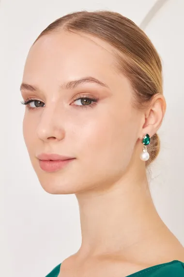 Women's Reloj Model Green Crystal Zircon Stone Shiny Pearl Silver Plated Dangle Combination Earrings - photo 4