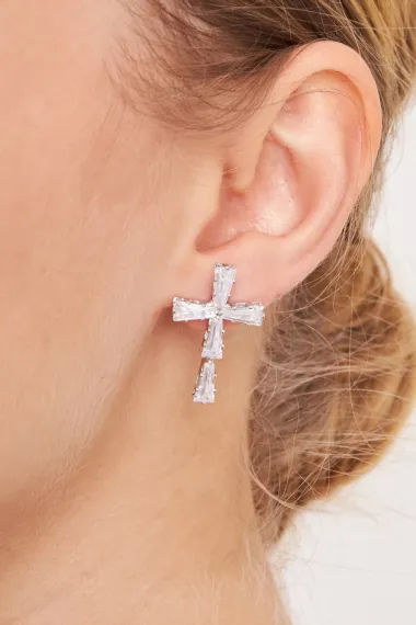 Women's Medium Size Cross Figure Model Crystal Sparkling Zircon Stone Silver Plated Daily Dress Combination Earrings - photo 1