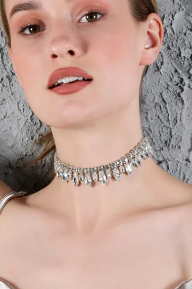 Kadın Büyük Küçük Badem Zirkon Taşlı Model Gümüş Pırlanta Abiye Düğün Nişan Gelin Kolye Tasma Choker - fotoğraf 1