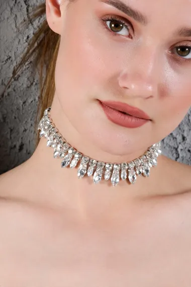 Kadın Büyük Küçük Badem Zirkon Taşlı Model Gümüş Pırlanta Abiye Düğün Nişan Gelin Kolye Tasma Choker - fotoğraf 3