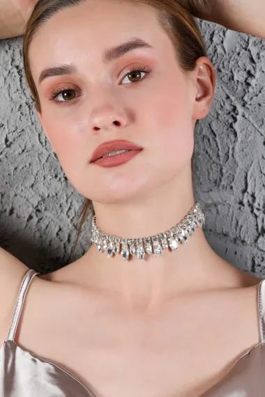 Kadın Büyük Küçük Badem Zirkon Taşlı Model Gümüş Pırlanta Abiye Düğün Nişan Gelin Kolye Tasma Choker - fotoğraf 4