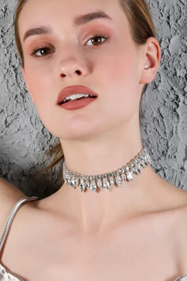 Kadın Büyük Küçük Badem Zirkon Taşlı Model Gümüş Pırlanta Abiye Düğün Nişan Gelin Kolye Tasma Choker - fotoğraf 5