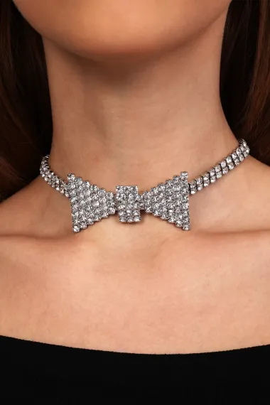 Kadın Papyon Model Zirkon Taşlı Gümüş Pırlanta Abiye Gerdanlık Tasma Kolye Nişan Düğün Söz Choker - fotoğraf 1