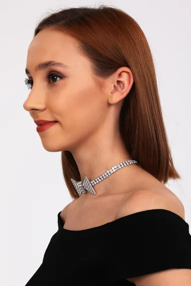 Kadın Papyon Model Zirkon Taşlı Gümüş Pırlanta Abiye Gerdanlık Tasma Kolye Nişan Düğün Söz Choker - fotoğraf 3