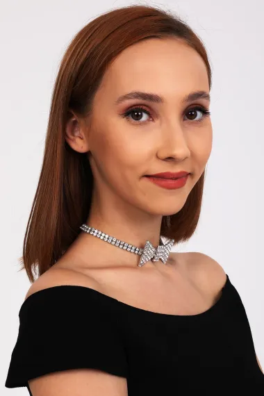 Kadın Papyon Model Zirkon Taşlı Gümüş Pırlanta Abiye Gerdanlık Tasma Kolye Nişan Düğün Söz Choker - fotoğraf 4