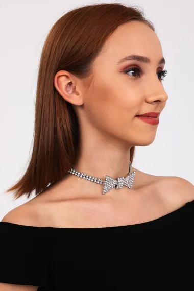 Kadın Papyon Model Zirkon Taşlı Gümüş Pırlanta Abiye Gerdanlık Tasma Kolye Nişan Düğün Söz Choker - fotoğraf 5