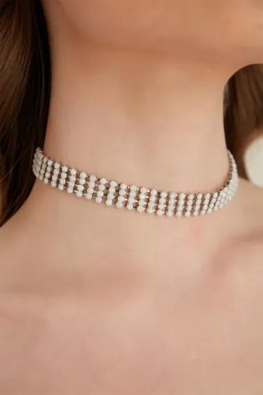 Kadın Beyaz Pastel Kristal Zirkon 4 Sıra Taşlı Model Tasma Gerdanlık Boyunluk Abiye Elbise Choker - fotoğraf 3