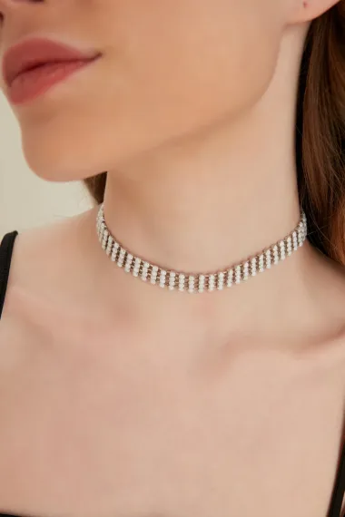 Kadın Beyaz Pastel Kristal Zirkon 4 Sıra Taşlı Model Tasma Gerdanlık Boyunluk Abiye Elbise Choker - fotoğraf 4