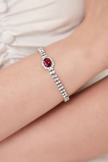 Women's Red Stella Model Zircon Stone Silver Evening Dress Daily Party Prom Date Combination Bracelet - photo 3