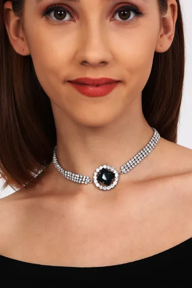 Women's Black Oval Model Zircon Stone Silver Diamond Evening Dress Choker Wedding Engagement Necklace Leash Choker - photo 1