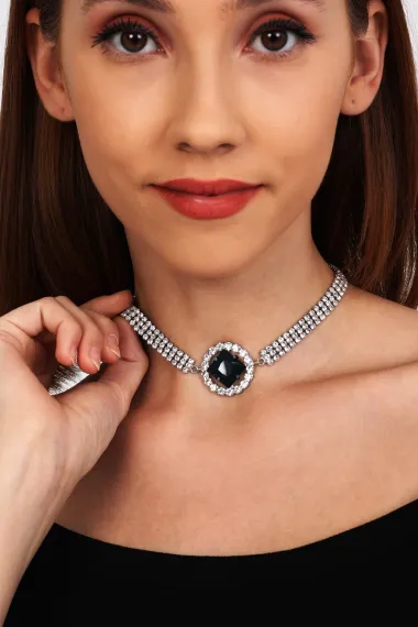 Women's Black Oval Model Zircon Stone Silver Diamond Evening Dress Choker Wedding Engagement Necklace Leash Choker - photo 3