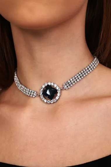 Women's Black Oval Model Zircon Stone Silver Diamond Evening Dress Choker Wedding Engagement Necklace Leash Choker - photo 5