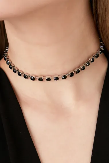 Kadın Viva Model Zirkon Taşlı Siyah Tek Sıra Abiye Elbise Günlük Tasma Gerdanlık Günlük Choker Kolye - fotoğraf 1