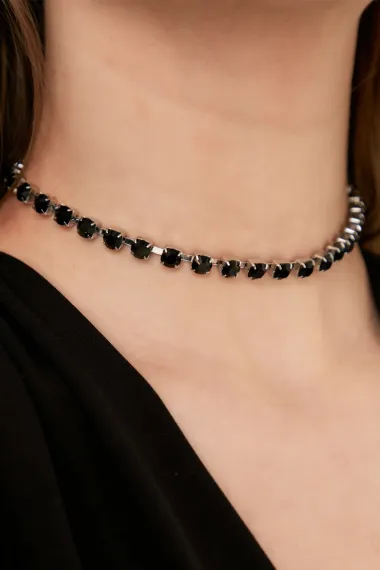 Kadın Viva Model Zirkon Taşlı Siyah Tek Sıra Abiye Elbise Günlük Tasma Gerdanlık Günlük Choker Kolye - fotoğraf 3