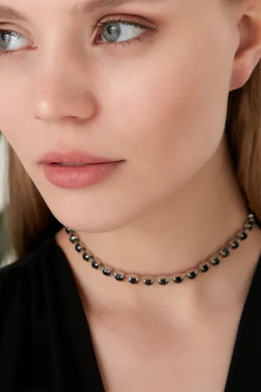 Kadın Viva Model Zirkon Taşlı Siyah Tek Sıra Abiye Elbise Günlük Tasma Gerdanlık Günlük Choker Kolye - fotoğraf 5