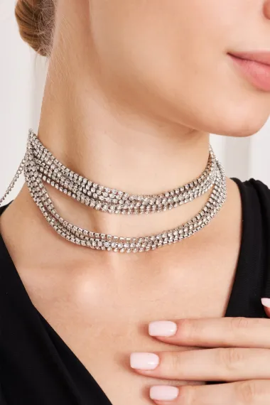 Kadın Salaş Gargantilla Model Kristal Zirkon Taşlı Gümüş Kaplama Parıltılı Gerdanlık Tasma Choker - fotoğraf 1