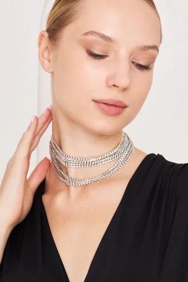 Kadın Salaş Gargantilla Model Kristal Zirkon Taşlı Gümüş Kaplama Parıltılı Gerdanlık Tasma Choker - fotoğraf 2