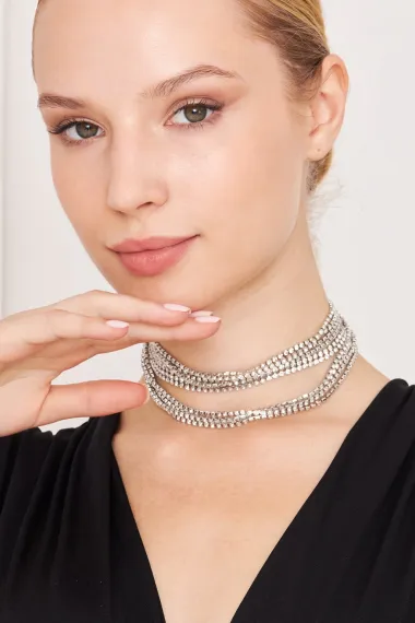 Kadın Salaş Gargantilla Model Kristal Zirkon Taşlı Gümüş Kaplama Parıltılı Gerdanlık Tasma Choker - fotoğraf 3