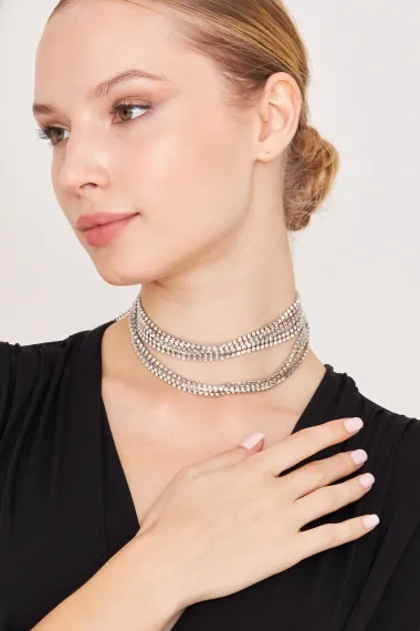 Kadın Salaş Gargantilla Model Kristal Zirkon Taşlı Gümüş Kaplama Parıltılı Gerdanlık Tasma Choker - fotoğraf 4