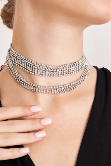 Kadın Salaş Gargantilla Model Kristal Zirkon Taşlı Gümüş Kaplama Parıltılı Gerdanlık Tasma Choker - fotoğraf 5