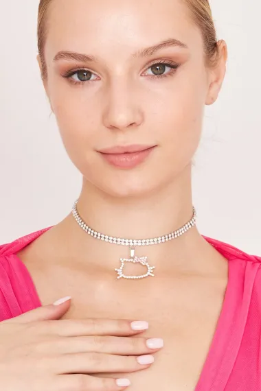 Women's Hello Kity Model Zircon Stone Dangle Diamond Silver Plated Choker Combination Leash Choker - photo 4