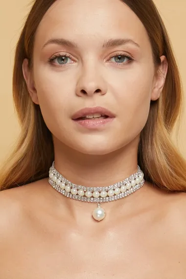 Kadın İnci Model Zirkon Taşlı Pırlanta Gümüş Kolye Gerdanlık Abiye Düğün Nişan Gelin Tasma Choker - fotoğraf 3