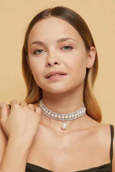 Kadın İnci Model Zirkon Taşlı Pırlanta Gümüş Kolye Gerdanlık Abiye Düğün Nişan Gelin Tasma Choker - fotoğraf 4