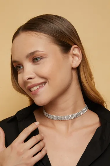 Kadın 4 Sıra Model Zirkon Taşlı Gümüş Pırlanta Kolye Abiye Gerdanlık Nişan Düğün Gelin Tasma Choker - fotoğraf 3