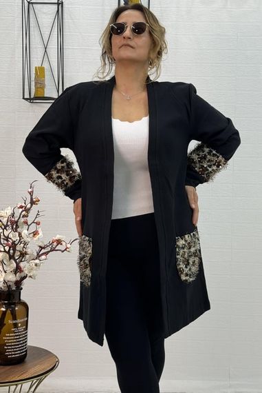 SHAWL COLLAR STONE EMBROIDERED DETAIL THESALANIK FABRIC PLUS SIZE CAP JACKET - photo 3