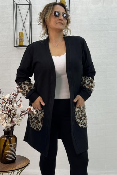 SHAWL COLLAR STONE EMBROIDERED DETAIL THESALANIK FABRIC PLUS SIZE CAP JACKET - photo 4