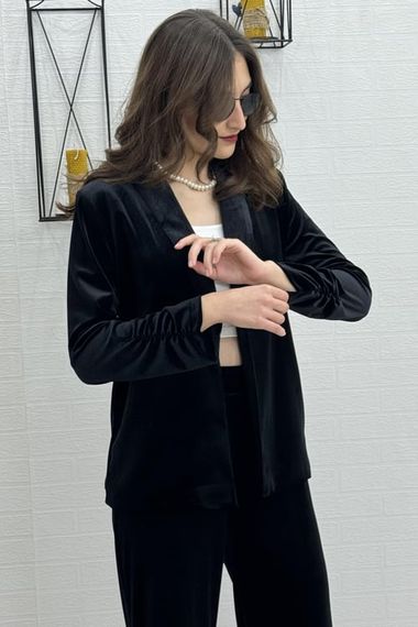 SHIRT DETAIL ON THE SLEEVE SHAWL COLLAR JACKET WAIST Elastane PANTS VELVET SUIT BLACK - photo 4