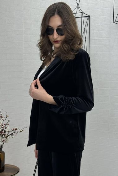 SHIRT DETAIL ON THE SLEEVE SHAWL COLLAR JACKET WAIST Elastane PANTS VELVET SUIT BLACK - photo 3