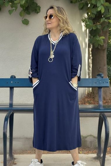 RIBBED COLLAR AND ARM CUT, FOLDABLE SLEEVE DETAIL, POCKET COTTON VISCOSE PLUS SIZE DRESS - photo 5