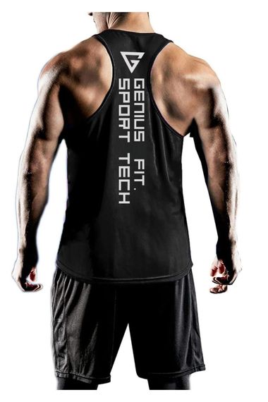 Men's Dry Fit Y-Back Gym Fitness Tank Top Genıus-fit Soft Breathable Quick-Dry Material Athletic Design Black Size S