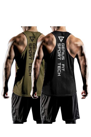 Комплект з 2 чоловічих атлетів Y-back Dry Fit для фітнесу Genıus-fıt2, м'яка та дихаюча тканина, кольори: чорний, хаки, розмір: S
