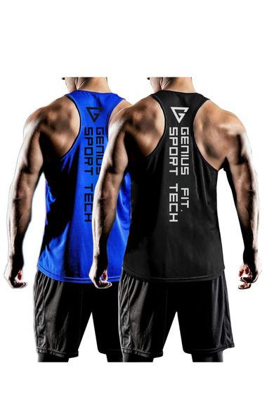 2’лі Пакет Чоловічий Dry Fit Y-back Фітнес Атлет Genius-fit2, М'яка дихаюча тканина, Швидке висихання, Чорний-Синій