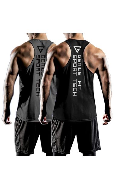 Комплект з 2 чоловічих атлетиків Dry Fit Y-back для фітнесу Genıus-fıt2, м'яка дихаюча тканина, розмір S, колір чорний-димчастий