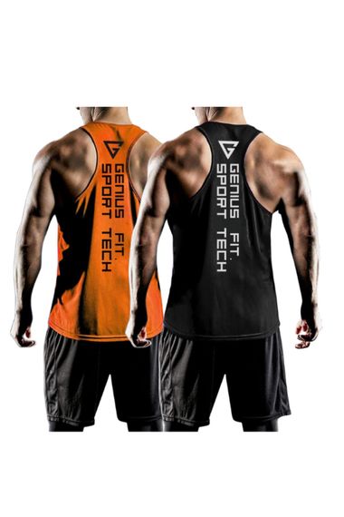 باقة مكونة من اثنين من قمصان الرياضة للرجال بتقنية جاف فيت من جينيوس، قماش ناعم وقابل للتنفس باللون الأسود والبرتقالي