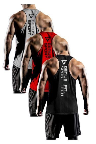 Men's Dry Fit Y-back Gym Fitness Athletic Tank Top - Genius Fit 3 Pack, Black-Red-Gray, Size S