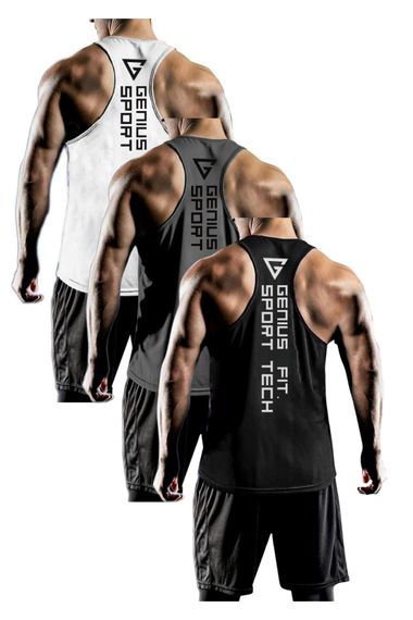 Комплект із 3 чоловічих атлетів Dry Fit Y-back для тренувань GENIUS-FIT3, м'яка і дихаюча тканина, швидке сушіння, еластичне закриття, чорний, сірий, білий
