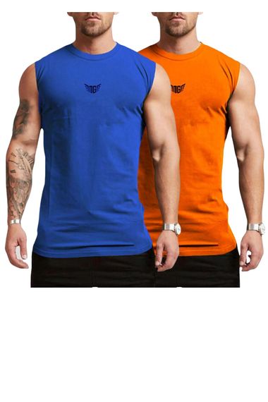 Men's Moisture-Wicking Quick-Dry Athletic Sleeveless Performance T-Shirt MG-ATLET2 in SAKSMAVİ and TURUNCU Sizes S to 2XL